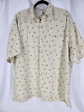 Club Room Cream Short-Sleeve 100% Silk Button-Down Shirt with Geometric Squares